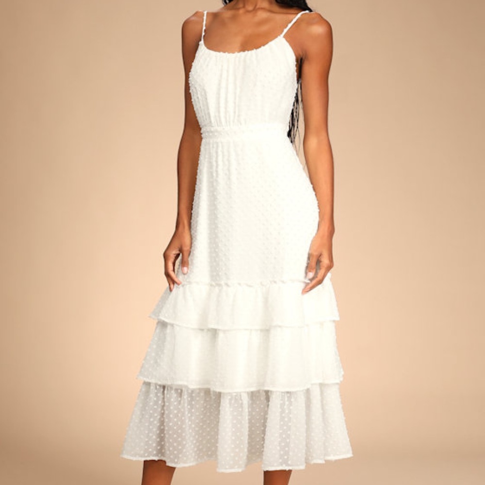 Lulus Tiers And Applause White Swiss Dot Tie-back Tiered Midi Dress - Size M